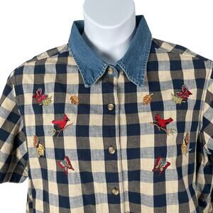 Vtg Basic Editions Button Front‎ Shirt 22W Navy Check Denim Collar Embroidery